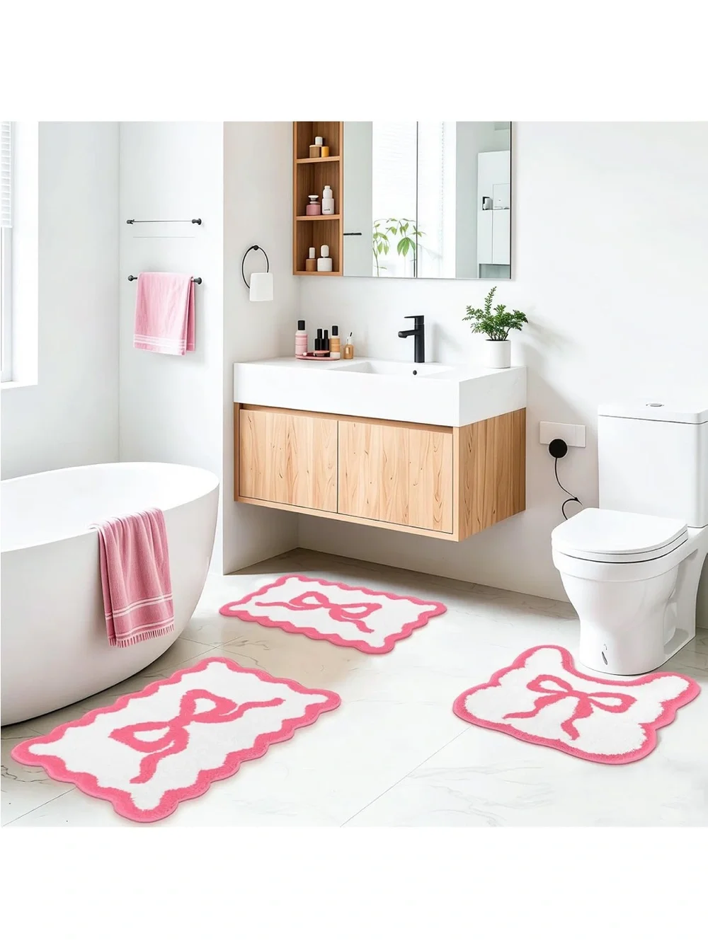 New Pink Bow Bathroom Rug Mat Set 3 Piece, Microfiber Shaggy Bath Set, Non-Slip